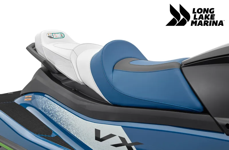 Slide: The Image of 2024 Yamaha VX Cruiser w/ Audio, blue and white seat, Long Lake Marina logo. - 3