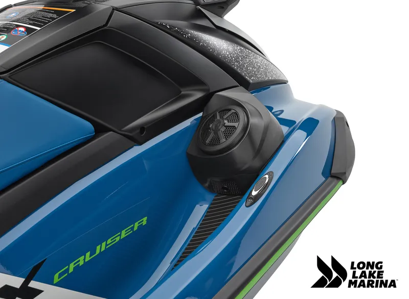 Slide: The Image of 2024 Yamaha VX Cruiser w/ Audio, blue and black design, Long Lake Marina logo. - 4