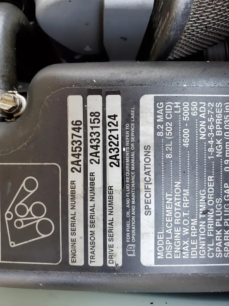 Slide: The Image of Engine specifications label on a 2015 Sea Ray 270 SLX boat. - 11