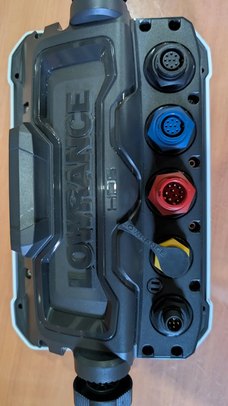 Slide: The Image of Lowrance HDS marine device with multiple colored connectors on a Regal 2860 Commodore boat. - 37