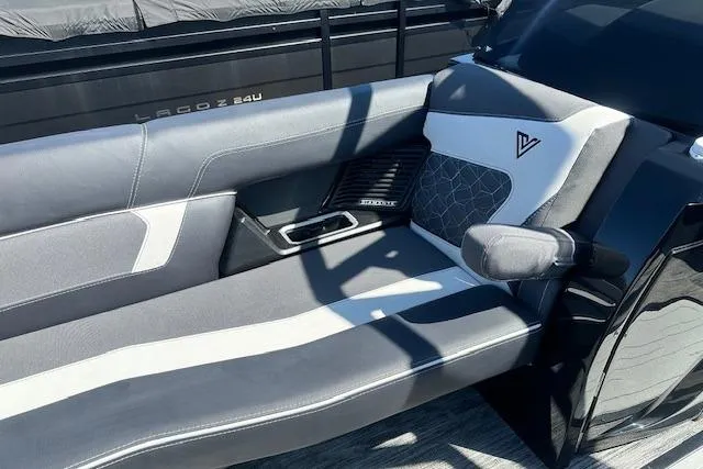 Slide: The Image of 2025 Viaggio Diamante S boat interior with sleek gray and white seating design. - 24