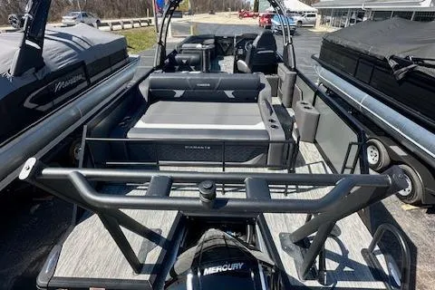 Slide: The Image of 2025 Viaggio Diamante S boat interior with seating and Mercury engine. - 9