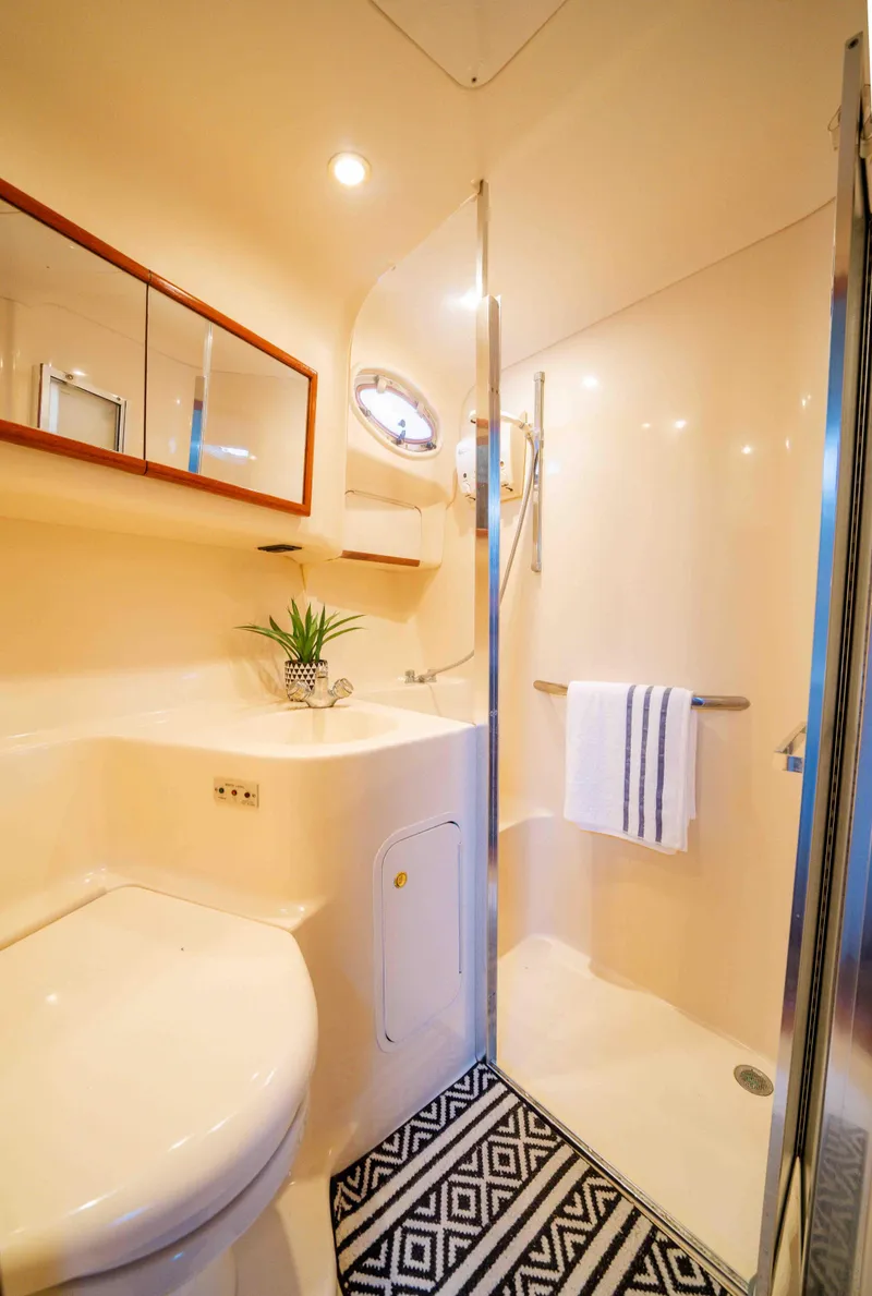 Slide: The Image of 1998 Sea Ray 400 Sedan Bridge bathroom with shower, mirror, and decorative plant. - 15