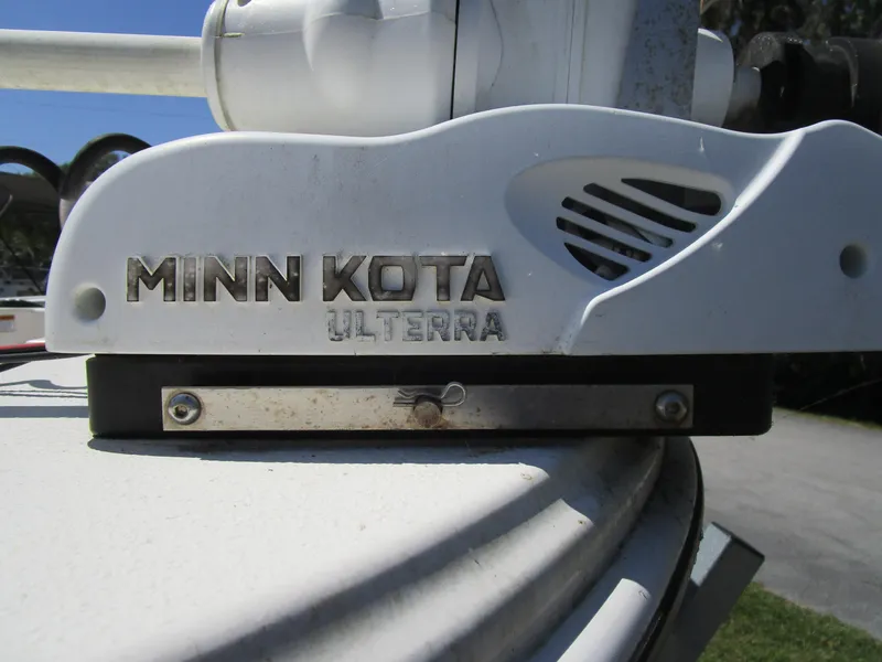 Slide: The Image of Minn Kota Ulterra motor on 2020 Carolina Skiff 19 LS boat, close-up view. - 11