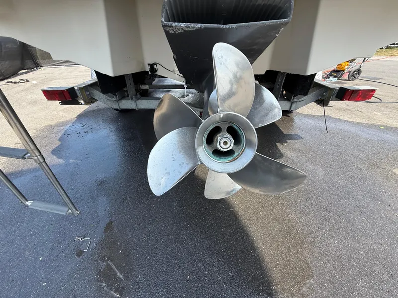 Slide: The Image of Propeller of 2017 Regal 22 FasDeck boat on a trailer, close-up view. - 7
