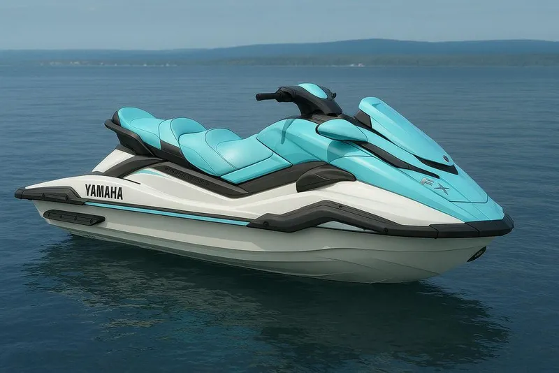 Slide: The Image of 2025 Yamaha FX CRUISER® HO jet ski on calm water, featuring sleek turquoise design. - 0