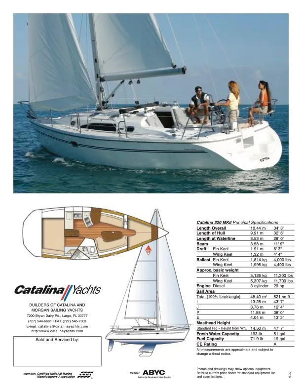 Slide: The Image of 1997 Catalina 320 sailboat on water, interior layout, and specifications chart. - 44
