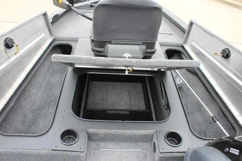 Slide: The Image of 2025 Tracker Pro Team 175 boat interior with storage compartments and seating. - 11