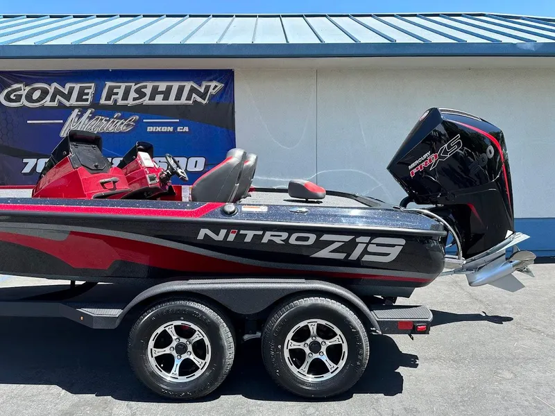 Slide: The Image of 2025 Nitro Z19 Pro boat with Mercury Pro XS engine on trailer. - 6