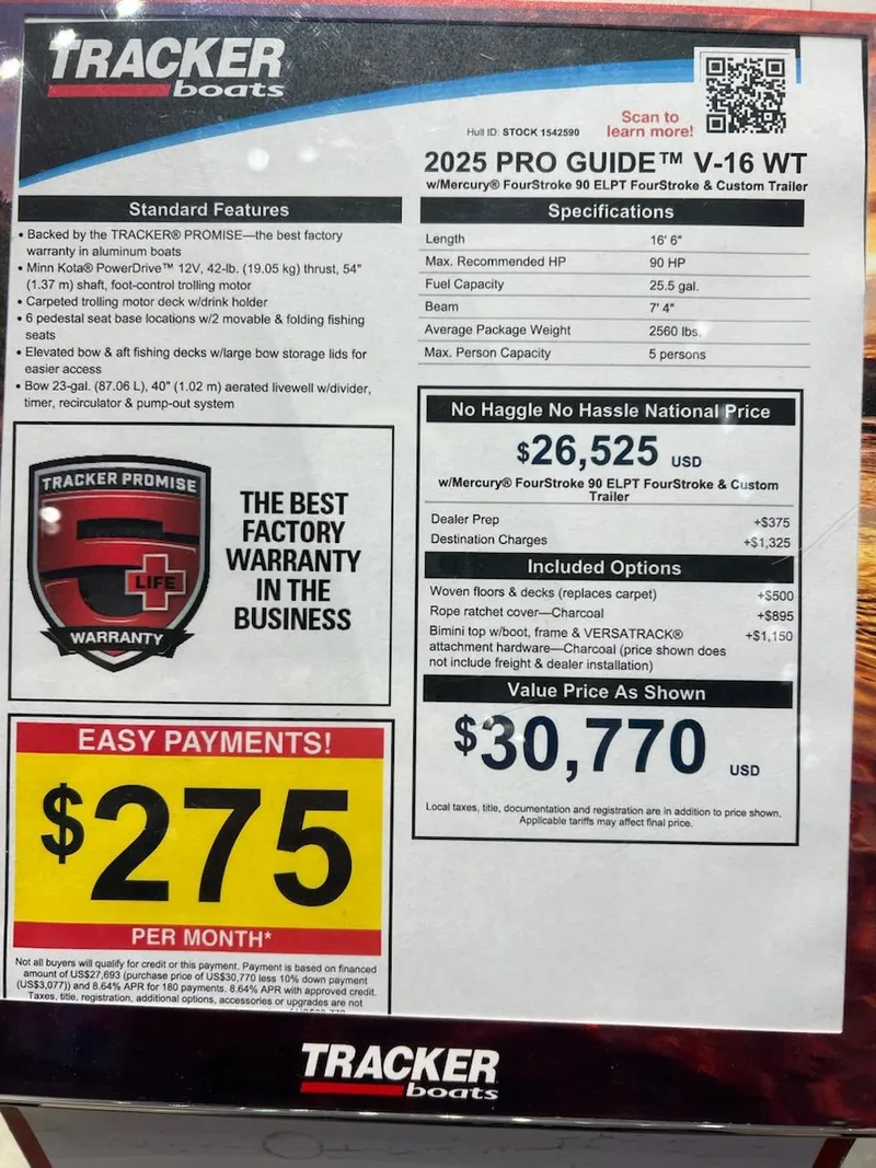 Slide: The Image of 2025 Tracker Pro Guide V-16 WT boat advertisement with pricing and warranty details. - 5