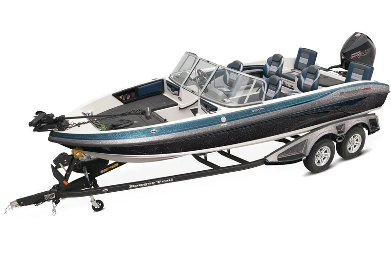 Slide: The Image of 2025 Ranger 2050MS boat on trailer, autumn backdrop, clear sky. - 1