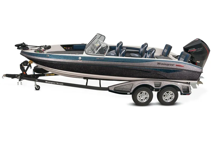Slide: The Image of 2025 Ranger 2050MS boat with powerful outboard motor, parked outdoors on a sunny day. - 3