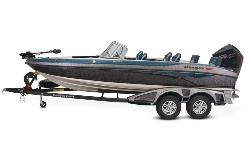 Slide: The Image of 2025 Ranger 2050MS boat interior with orange and gray seats, surrounded by autumn trees. - 5