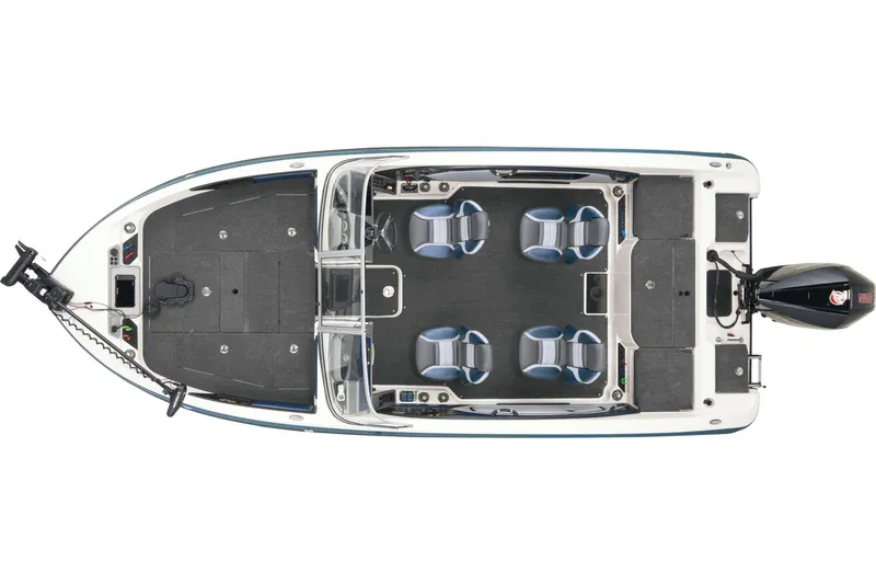 Slide: The Image of 2025 Ranger 2050MS boat interior with orange and gray seats, surrounded by autumn foliage. - 6