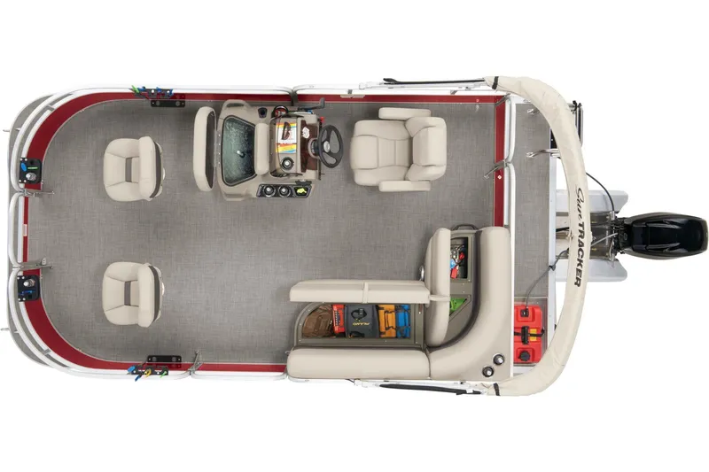 Slide: The Image of 2025 Sun Tracker Bass Buggy 16 XL Select pontoon boat on trailer. - 5