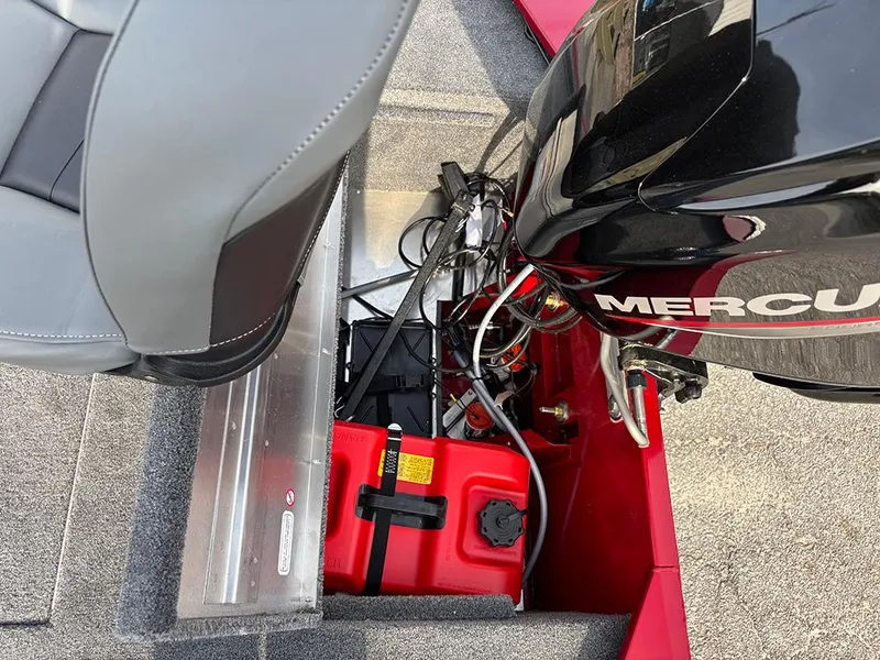 Slide: The Image of 2025 Tracker Bass Tracker Classic XL boat engine and fuel tank setup. - 20