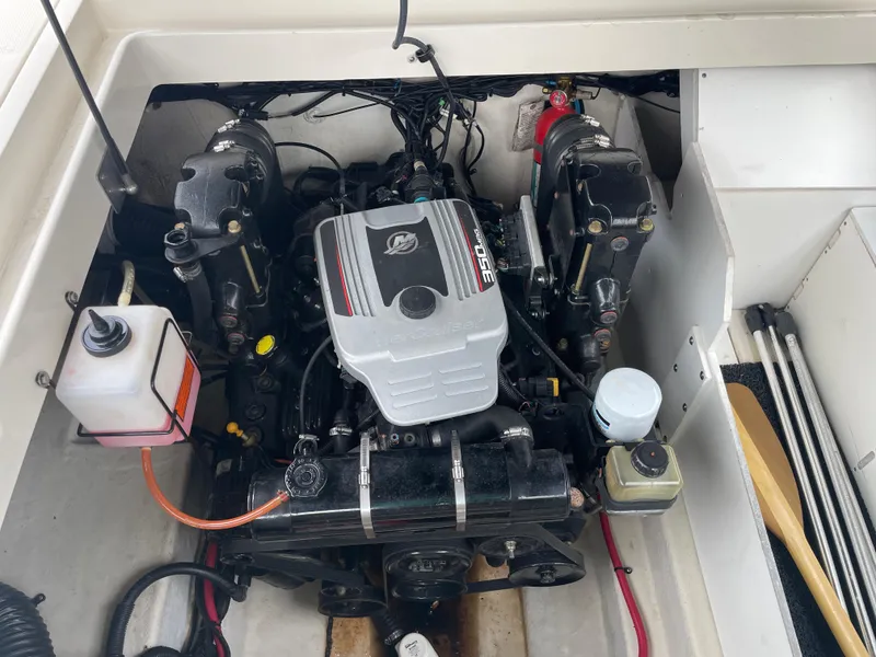 Slide: The Image of Engine compartment of a 2009 Sea Ray 260 Sundeck boat, showcasing the engine and components. - 28