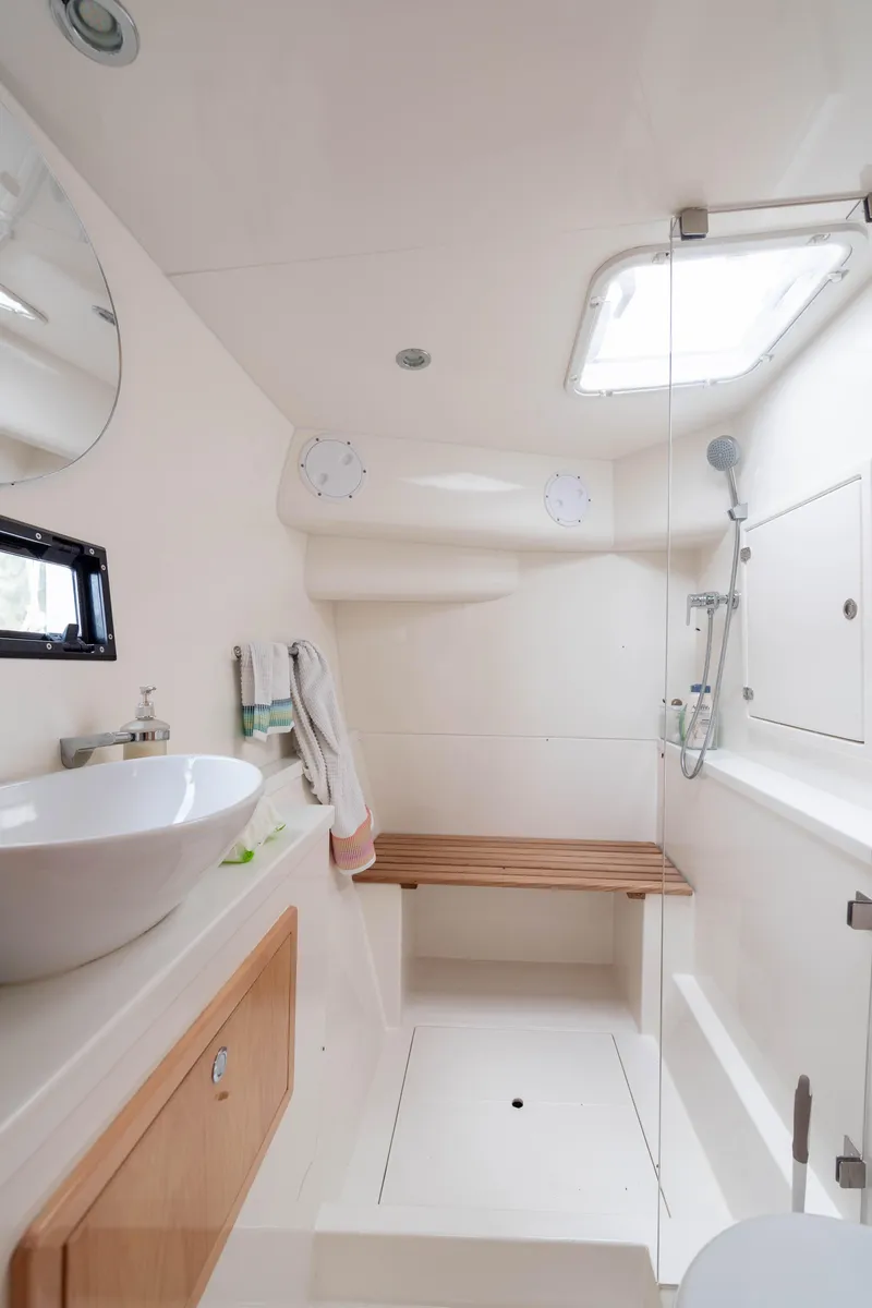 Slide: The Image of Modern bathroom in 2017 Balance 451 yacht with sleek design and wooden accents. - 20