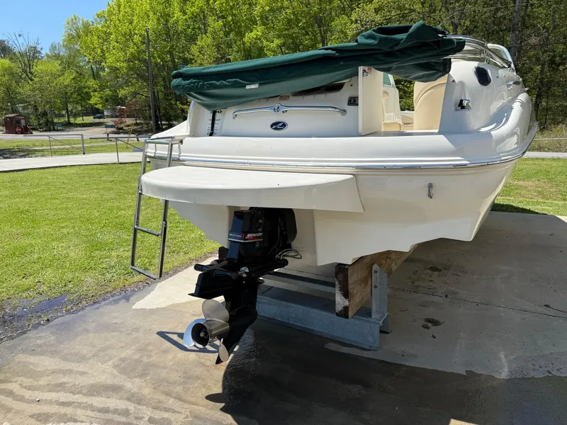 Slide: The Image of 2001 Sea Ray 210 SD boat on trailer, green cover, outboard motor, sunny day. - 2