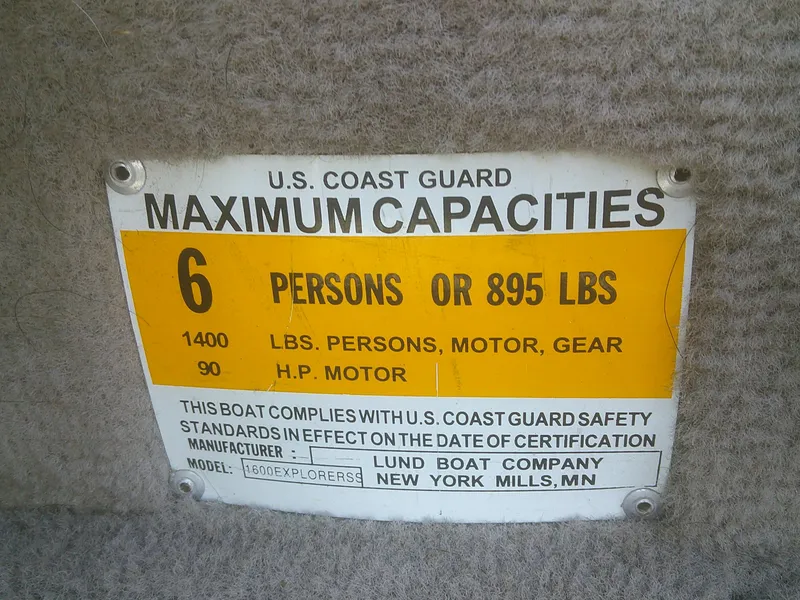 Slide: The Image of U.S. Coast Guard capacity label for 2006 Lund 1600 Explorer SS, 6 persons or 895 lbs. - 13