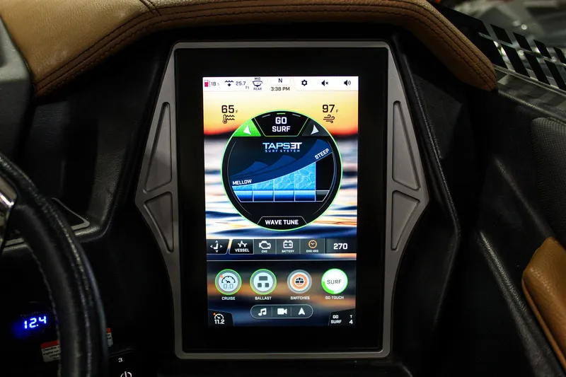 Slide: The Image of Touchscreen display in 2021 Tigé 25ZX boat showing surf control settings. - 15