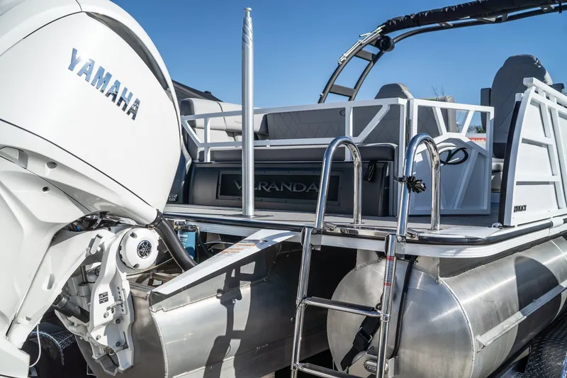 Slide: The Image of 2024 Veranda Vertex 25RL pontoon boat with Yamaha outboard motor and ladder. - 3