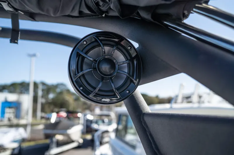 Slide: The Image of 2024 Veranda Vertex 25RL boat speaker, close-up view, showcasing sleek design and quality audio. - 7
