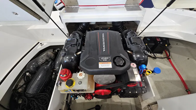 Slide: The Image of 2020 Cobalt CS22 boat engine compartment with Volvo Penta engine. - 25