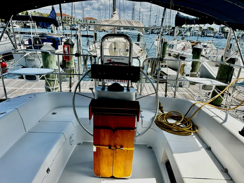 Slide: The Image of Interior view of a 2005 Catalina 350 yacht docked at a marina. - 34