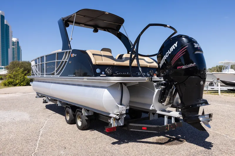 Slide: The Image of 2015 South Bay 724 SPORT DLX pontoon boat with Mercury 300 engine on trailer. - 22
