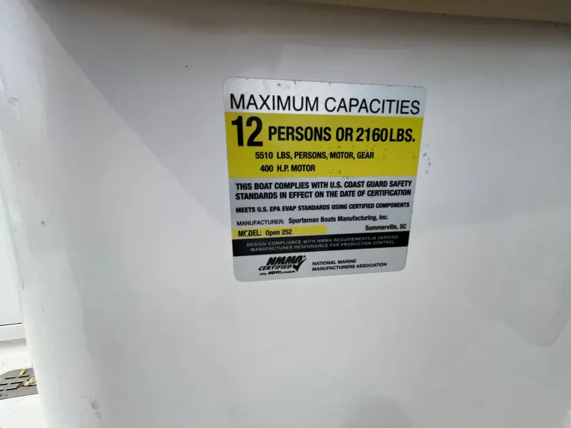 Slide: The Image of 2017 Sportsman 252 capacity label: 12 persons or 2160 lbs, 400 HP motor. - 35