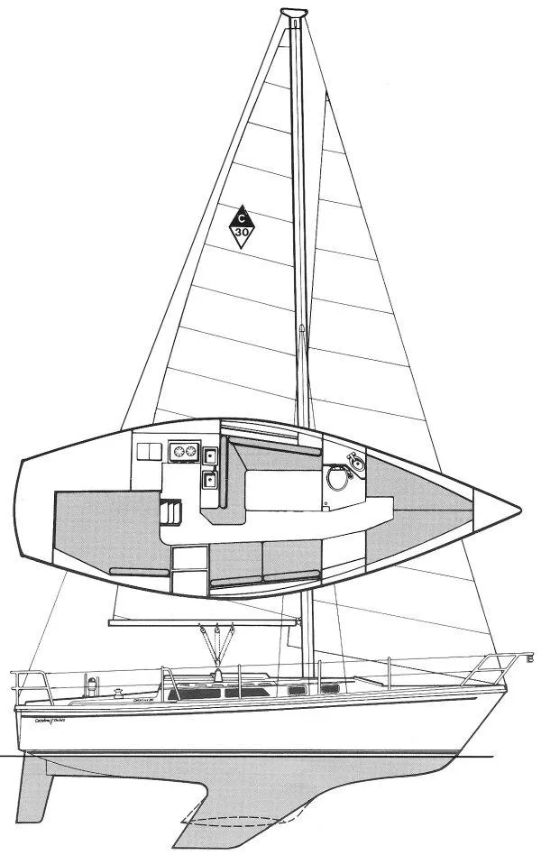 Slide: The Image of Catalina 30 Mk II 1987 sailboat diagram, showcasing interior layout and sail plan. - 26