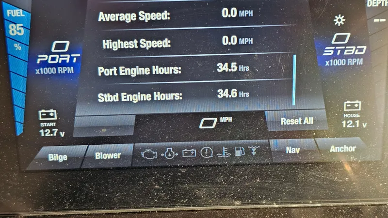 Slide: The Image of Dashboard of 2023 Yamaha Boats AR250 showing engine hours and speed metrics. - 27