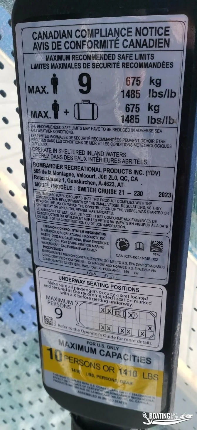 Slide: The Image of 2023 Sea-Doo Switch Cruise 21 compliance notice, detailing maximum capacity and safety limits. - 19