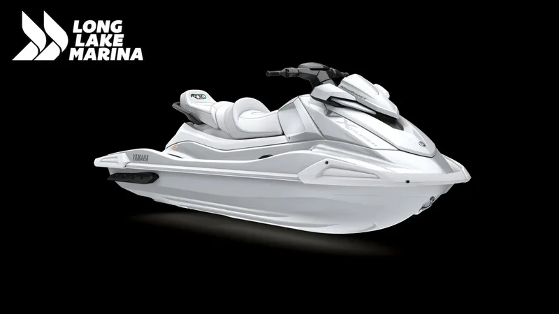 Slide: The Image of 2025 Yamaha VX Cruiser w/ Audio jet ski, sleek white design, Long Lake Marina logo. - 1