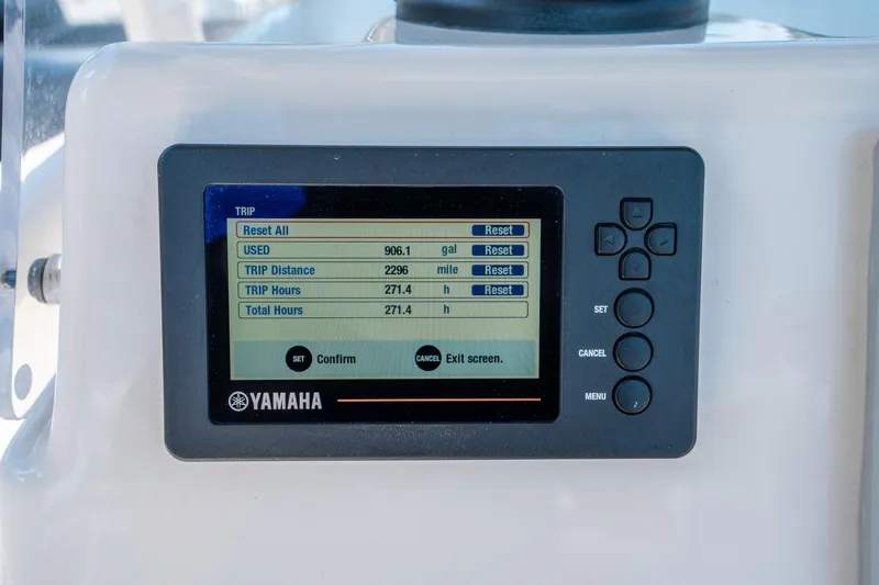 Slide: The Image of Yamaha display on 2017 Cobia 237 CC showing trip data and fuel usage. - 20