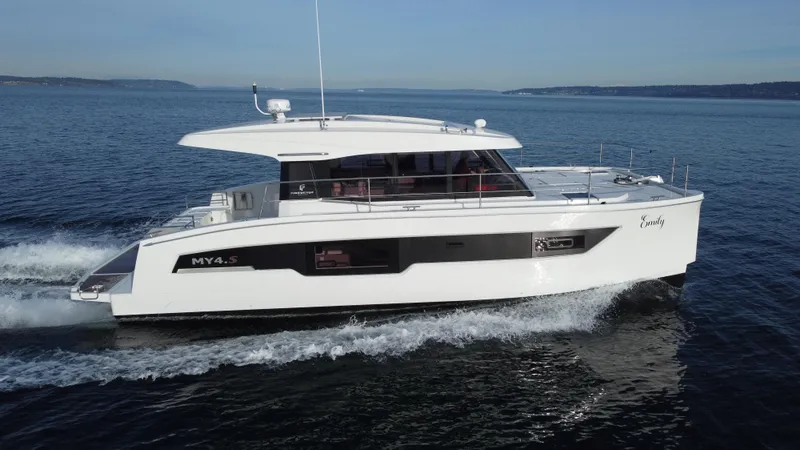 Slide: The Image of 2022 Fountaine Pajot MY4.S yacht cruising on open water. - 23