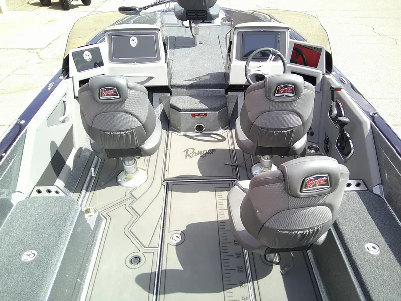 Slide: The Image of 2024 Ranger 620FS Pro boat interior with three seats and advanced dashboard controls. - 6