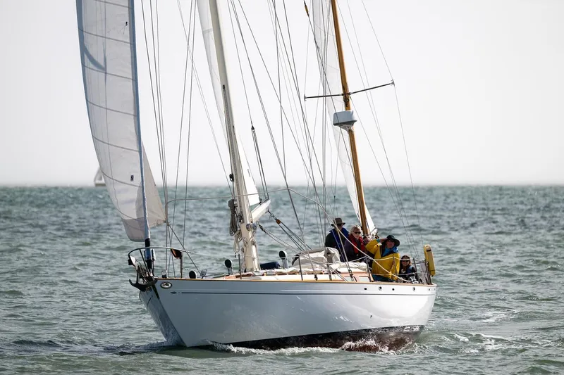 Slide: The Image of Aage Nielsen 50' Ketch sailing on open water, 1956 vintage yacht. - 2