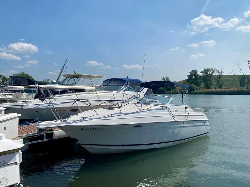 Slide: The Image of 1995 Wellcraft 2400 Martinique boat docked on a sunny day, surrounded by other boats. - 3