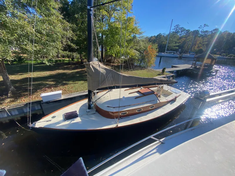 Slide: The Image of 37ft custom catboat yacht docked on a sunny day, Barnegat Bay A-Cat, 2012 model. - 22