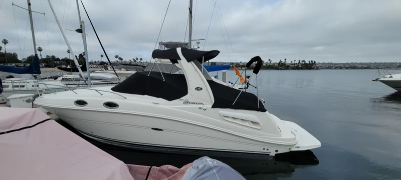 Slide: The Image of 2006 Sea Ray 260 Sundancer boat docked in a marina, overcast sky. - 4