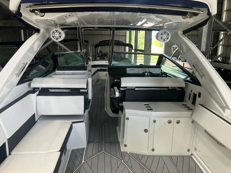 Slide: The Image of 2023 Monterey 385 Super Sport interior with sleek seating and modern design. - 31