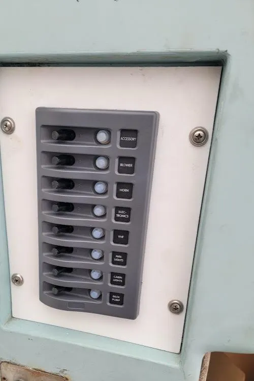 Slide: The Image of Control panel on a 1971 Dyer 29 Classic Downeast Bass Boat. - 23