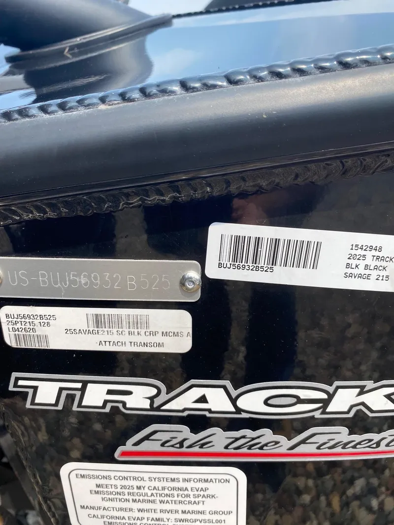 Slide: The Image of 2025 Tracker Savage 215 boat with identification labels and branding. - 10