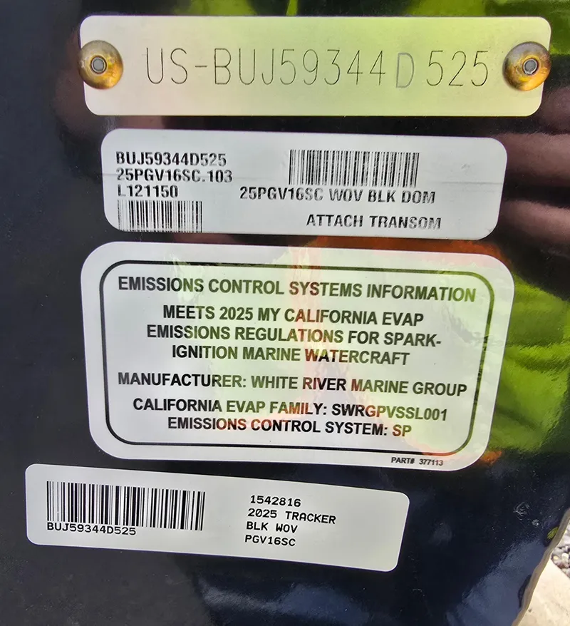 Slide: The Image of 2025 Tracker Pro Guide V-16 SC emissions control information label on marine watercraft. - 6