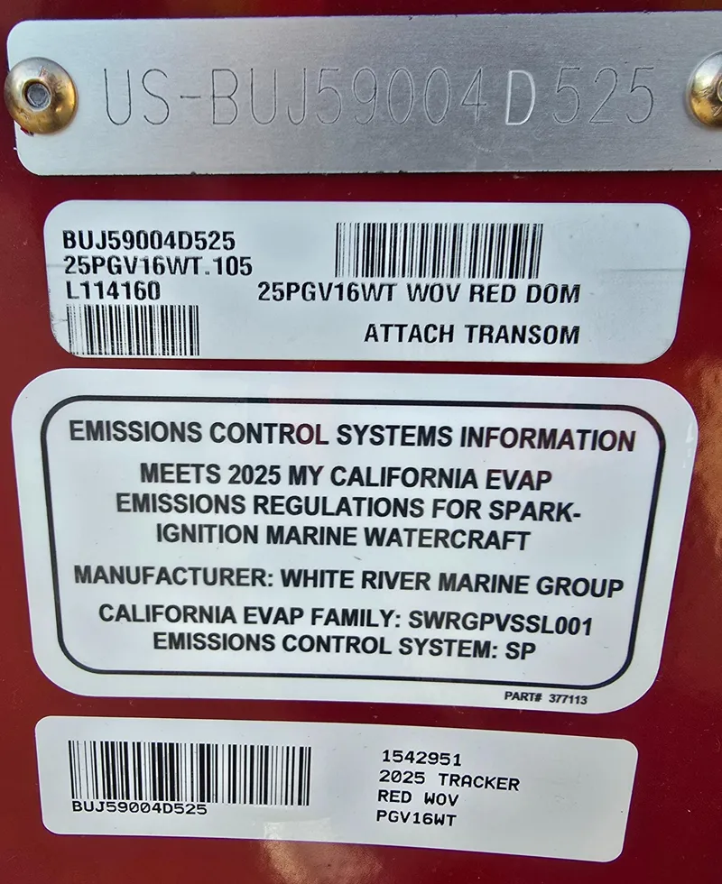 Slide: The Image of 2025 Tracker Pro Guide V-16 WT emissions label, red, meets California EVAP regulations. - 6