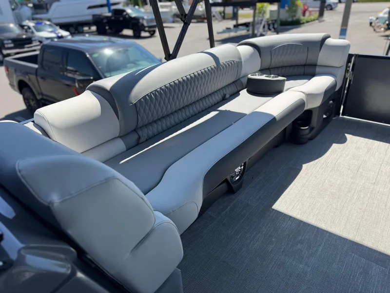 Slide: The Image of Luxurious seating on 2025 Avalon Excalibur 27' boat, featuring sleek gray upholstery. - 27