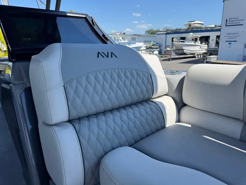 Slide: The Image of Luxurious seating on 2025 Avalon Excalibur 27' boat, featuring quilted upholstery. - 34