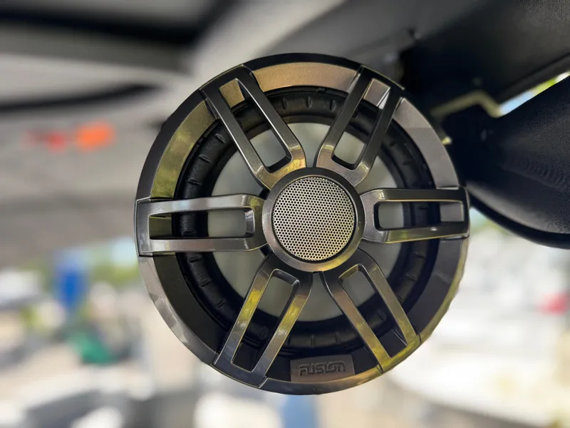 Slide: The Image of Close-up of a Fusion speaker on a 2025 Avalon Excalibur boat. - 45